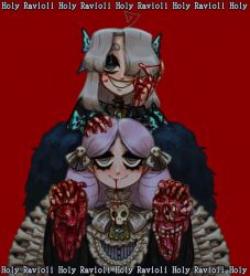 Rule 34 | 2girls, artist name, black ribbon, blood, blood from mouth, blue eyes, blush, butterfly hair ornament, closed mouth, divel qree, dress, drill hair, grey eyes, grin, guro, hair ornament, hair ribbon, hand up, highres, holding, holding skull, long sleeves, looking at viewer, multiple girls, original, parted bangs, purple hair, red background, ribbon, ringed eyes, skull, smile, tagme, v