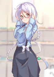 Rule 34 | 10s, 1girl, adjusting eyewear, ahoge, alternate costume, aran sweater, arms up, bespectacled, black skirt, blue sweater, blurry, blurry background, blush, braid, breasts, cable knit, commentary request, ging1993, glasses, hair between eyes, kantai collection, long hair, looking at viewer, medium breasts, red-framed eyewear, silver hair, single braid, skirt, smile, solo, standing, suspender skirt, suspenders, sweater, umikaze (kancolle), very long hair