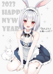 Rule 34 | 1girl, absurdres, animal ears, blush, breasts, chinese zodiac, elbow gloves, fingerless gloves, gloves, grey hair, happy new year, highres, looking at viewer, maid, maid headdress, medium hair, new year, open mouth, original, rabbit, rabbit ears, rabbit girl, rabbit tail, red eyes, ruhika, seiza, sitting, small breasts, smile, solo, tail, thighhighs, translation request, white gloves, white thighhighs, year of the rabbit