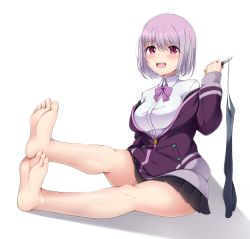 Rule 34 | 1girl, barefoot, black pantyhose, black skirt, breasts, feet, feet together, gridman universe, holding, holding knife, jacket, knife, kotohane, large breasts, long sleeves, looking at viewer, open clothes, open jacket, open mouth, pantyhose, pink eyes, pink hair, pink neckwear, purple jacket, shinjou akane, shirt, short hair, simple background, skirt, solo, ssss.gridman, teeth, torn clothes, torn pantyhose, unzipped, upper teeth only, white background, white shirt