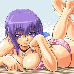 Rule 34 | 1girl, 3.1-tan, arm support, ass, bad id, bad pixiv id, barefoot, bikini, bow, breast press, breasts, butt crack, choker, cleavage, dd (ijigendd), hair bow, jewelry, large breasts, lying, necklace, nt-tan, on stomach, os-tan, pink bikini, purple eyes, purple hair, short hair, smile, solo, star (symbol), swimsuit