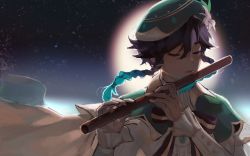 Rule 34 | absurdres, androgynous, beret, black hair, blue hair, bow, braid, brooch, cape, closed eyes, closed mouth, collared cape, flower, flute, frilled sleeves, frills, gem, gender request, genshin impact, gradient hair, green hat, hat, hat flower, highres, holding, holding instrument, instrument, jewelry, kiniroki, leaf, long sleeves, male focus, multicolored hair, shirt, short hair with long locks, sky, smile, solo, star (sky), starry sky, twin braids, venti (genshin impact), white flower, white shirt