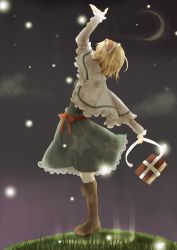 Rule 34 | 1girl, alice margatroid, arm up, blonde hair, book, boots, capelet, crescent moon, cross-laced footwear, dress, female focus, full body, gradient background, hairband, hidden face, highres, himeno yuka, knee boots, lace-up boots, moon, nature, night, outdoors, plant, sash, short hair, sky, solo, star (symbol), touhou