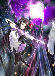 Rule 34 | 10s, 1girl, akemi homura, argyle, argyle clothes, argyle legwear, arrow (projectile), black hair, black ribbon, bow (weapon), building, city lights, drawing bow, fire, frills, full body, glowing, hair ribbon, high heels, holding, holding bow (weapon), holding weapon, long hair, long sleeves, looking away, looking back, magical girl, mahou shoujo madoka magica, mahou shoujo madoka magica (anime), neck ribbon, outdoors, pantyhose, parted lips, red ribbon, ribbon, shouin, skyscraper, solo, spoilers, very long hair, weapon, wraith (madoka magica)