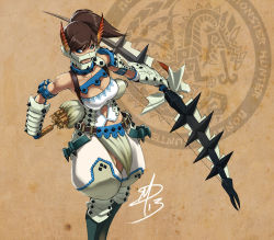 Rule 34 | 1girl, armlet, armor, arrow (projectile), barioth (armor), belt, blue eyes, bow (weapon), breasts, brown hair, capcom, cleavage, corset, dark-skinned female, dark skin, huge weapon, knee pads, large breasts, loincloth, long hair, mask, monster hunter, monster hunter (series), monster hunter 3, monster hunter portable 3rd, pauldrons, polarityplus, ponytail, puffy pants, quiver, shoulder armor, signature, solo, spikes, vambraces, weapon