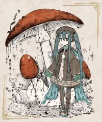 Rule 34 | 1girl, animal print, aqua eyes, aqua hair, beamed eighth notes, brown dress, brown hat, bug miku (project voltage), butterfly print, commentary, creatures (company), dress, eighth note, flat sign, game freak, giant mushroom, hair through headwear, hat, hatsune miku, highres, kuiruri, leaf, long hair, long sleeves, looking at viewer, mushroom, musical note, necktie, nintendo, pokemon, project voltage, quarter note, sidelocks, solo, treble clef, twintails, very long hair, vocaloid