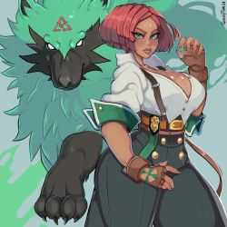 Rule 34 | 1girl, artist name, badge, belt, breasts, buttons, cleavage, collared shirt, dark skin, fingerless gloves, giovanna (guilty gear), gloves, green eyes, guilty gear, highres, large breasts, police badge, red hair, shirt, short hair, sleeve cuffs, sleeves past elbows, spaceytori, suspenders, wolf