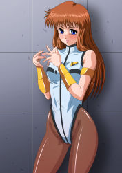 Rule 34 | 1girl, armlet, blue eyes, brown hair, brown pantyhose, commentary request, dangaiou, leotard, long hair, mia alice, mizutani rin, pantyhose, revision, simple background, solo