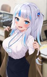 Rule 34 | 1girl, :d, absurdres, alternate breast size, alternate costume, black skirt, blue eyes, blue hair, blunt bangs, blurry, blurry background, blush, breasts, brown coat, coat, collared shirt, commentary, dress shirt, english commentary, english text, gawr gura, good morning, hair ornament, highres, hololive, hololive english, id card, lanyard, large breasts, long hair, long sleeves, looking at viewer, multicolored hair, office lady, open mouth, pencil skirt, pn (wnsl216), removing coat, sharp teeth, shirt, shirt tucked in, short twintails, skirt, smile, solo, teeth, tented shirt, tsurime, twintails, two-tone hair, two side up, virtual youtuber, white hair, white shirt, wing collar