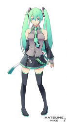 Rule 34 | 1girl, aqua eyes, aqua hair, bare shoulders, boots, breasts, detached sleeves, female focus, fingerless gloves, full body, gloves, hatsune miku, legs, long hair, necktie, plaid, plaid skirt, rei (pixiv 187780), simple background, skirt, solo, spring onion, thigh boots, thighhighs, twintails, very long hair, vocaloid, white background, zipper