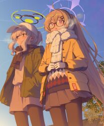 Rule 34 | 2girls, absurdres, akabino, black-framed eyewear, black pantyhose, blonde hair, blue archive, blush, closed mouth, glasses, gloves, green eyes, green halo, green jacket, grey hair, grey shorts, grey skirt, halo, hare (blue archive), hare (camp) (blue archive), hat, highres, jacket, kotama (blue archive), kotama (camp) (blue archive), long hair, long sleeves, multiple girls, official alternate costume, open clothes, open jacket, open mouth, pantyhose, pleated skirt, ponytail, purple eyes, purple halo, scarf, shorts, skirt, smile, white gloves, white headwear, white scarf, yellow jacket