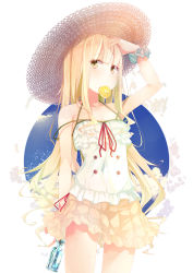 Rule 34 | 1girl, bare shoulders, benio (dontsugel), blonde hair, blunt bangs, blush, buttons, dress, food, fruit, hand in own hair, hat, highres, long hair, mouth hold, nmaaaaa, orange (fruit), original, pleated skirt, scrunchie, skirt, solo, strap slip, straw hat, sweat, yellow eyes
