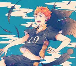 Rule 34 | 1boy, black feathers, brown eyes, feathered wings, feathers, haikyuu!!, highres, hinata shouyou, male focus, messy hair, midriff, open mouth, orange hair, shorts, sky, solo, sparkle, sportswear, tanuki happa, volleyball uniform, wings