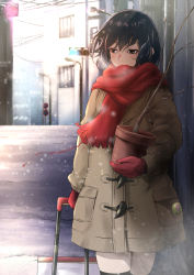 Rule 34 | 1girl, bad id, bad pixiv id, bare tree, black hair, blurry, breath, brown coat, brown eyes, city, coat, cold, covered mouth, depth of field, flower pot, gloves, holding, holding flower pot, holding pot, lamppost, looking to the side, original, plant, pot, potted plant, power lines, red gloves, red scarf, road, rolling suitcase, scarf, short hair, snowing, solo, street, suitcase, tai (user wvjf5284), traffic light, tree, winter, winter clothes, winter coat