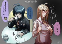 Rule 34 | 1girl, ahoge, akamatsu kaede, backpack, bag, blonde hair, blush, breasts, brown eyes, brown neckwear, buttons, coffee, collared shirt, commentary request, danganronpa (series), danganronpa v3: killing harmony, double-breasted, drinking, eighth note, fortissimo, gradient background, grey background, hair ornament, jacket, long hair, long sleeves, medium breasts, musical note, musical note hair ornament, necktie, nyuukazai, pink eyes, pink vest, saihara shuichi, shirt, short hair, sitting, speech bubble, spilling, spoken character, striped clothes, striped jacket, sugar cube, thought bubble, tojo kirumi, translation request, vest, white shirt