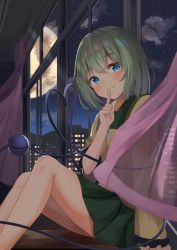Rule 34 | 1girl, absurdres, arm support, blouse, blue eyes, blush, breasts, building, cityscape, closed mouth, cloud, curtains, eyeball, feet out of frame, finger to mouth, green hair, green skirt, heart, heart of string, highres, indoors, kirikaze ren, knees up, komeiji koishi, looking at viewer, moon, night, night sky, no headwear, pleated skirt, see-through, shirt, short hair, skirt, sky, small breasts, smile, solo, star (sky), starry sky, third eye, touhou, window, yellow shirt