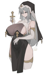 Rule 34 | 1girl, black dress, breasts, cleavage, closed eyes, closed mouth, cropped legs, cross, dress, elbow gloves, gloves, gold trim, grey hair, habit, hand up, highres, holding, holding cross, huge breasts, long hair, nun, original, pelvic curtain, see-through, see-through cleavage, simple background, solo, thighhighs, veil, virgosdf, white background, white gloves, white thighhighs