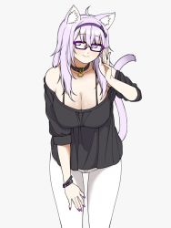 Rule 34 | 1girl, adjusting eyewear, ahoge, animal ear fluff, animal ears, bare shoulders, black collar, black shirt, bow, breasts, cat ears, cat girl, cat tail, cleavage, closed mouth, collar, collarbone, crossed bangs, fingernails, glasses, hair between eyes, hairband, highres, hololive, large breasts, long hair, mole, mole under mouth, nail polish, nekomata okayu, off-shoulder shirt, off shoulder, okunin, purple-framed eyewear, purple bow, purple eyes, purple hair, purple hairband, purple nails, shirt, sleeves past elbows, smile, solo, tail, tail raised, virtual youtuber