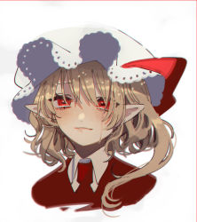 Rule 34 | 1girl, blonde hair, blush, commentary request, cropped torso, crying, crying with eyes open, hat, hat ribbon, highres, long hair, mob cap, necktie, pointy ears, portrait, red eyes, red necktie, red ribbon, red shirt, ribbon, shi chimi, shirt, short hair with long locks, side ponytail, simple background, smile, solo, tears, touhou, white background, white hat