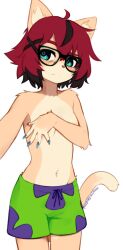 Rule 34 | 1girl, aeiou (yoako), ahoge, animal ears, black-framed eyewear, blue eyes, blue nails, blush, closed mouth, cosplay, covering breasts, covering privates, cowboy shot, fingernails, furry, furry female, glasses, green male swimwear, hair ornament, hairclip, highres, long fingernails, looking at viewer, male swimwear, male swimwear challenge, medium hair, multicolored hair, multiple tails, navel, original, patrick star, patrick star (cosplay), red hair, signature, simple background, solo, spongebob squarepants (series), standing, streaked hair, swim trunks, tail, topless, white background, x hair ornament, yoako