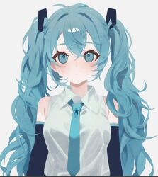Rule 34 | 1girl, aqua eyes, aqua hair, aqua necktie, bare shoulders, black sleeves, breasts, closed mouth, collared shirt, expressionless, hair between eyes, haru (ririne9999rine), hatsune miku, large breasts, light blush, looking at viewer, messy hair, necktie, shirt, sidelocks, simple background, sleeveless, sleeveless shirt, solo, twintails, vocaloid, white background, white shirt