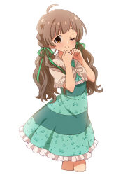 Rule 34 | 1girl, ahoge, alternate hairstyle, blush, braid, breasts, brown hair, closed mouth, commentary request, cropped legs, cropped sweater, dress, floral print dress, frilled dress, frills, from side, goma konbu, green dress, green ribbon, hair ribbon, hakozaki serika, hands up, highres, idolmaster, idolmaster million live!, long hair, looking at viewer, looking to the side, low twintails, one eye closed, orange eyes, raised eyebrows, ribbon, short sleeves, simple background, small breasts, smile, solo, split mouth, standing, striped clothes, striped dress, sweater, thick eyelashes, turning head, twintails, white background, white ribbon, white sweater