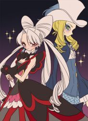 Rule 34 | 1boy, 1girl, akagi towa, albino, black dress, blonde hair, bow-shaped hair, closed mouth, commentary request, dress, earrings, eyeshadow, go! princess precure, green eyes, grey hair, hat, jewelry, long hair, looking at viewer, makeup, meremero, parted bangs, pointy ears, precure, quad tails, red eyes, shut (go! princess precure), standing, top hat, twilight (go! princess precure), very long hair, wrist cuffs