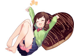 Rule 34 | 1girl, bare legs, barefoot, blue skirt, bow, bowtie, brown hair, child, closed eyes, commentary request, doughnut, drill hair, fang, feet, food, green sweater, heart-shaped food, highres, idolmaster, idolmaster cinderella girls, long sleeves, ohara michiru, open mouth, pink ribbon, pink shorts, pleated skirt, ribbon, sankyaku tako, short shorts, shorts, simple background, sitting, skirt, smile, solo, sweater, sweater vest, toes, white background