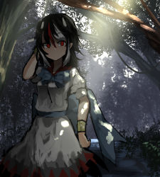 Rule 34 | 1girl, bad id, bad pixiv id, black hair, bow, bracelet, breasts, bush, dappled sunlight, dress, forest, hand in own hair, horns, jewelry, kijin seija, light rays, looking to the side, multicolored hair, nature, no mouth, no pupils, path, peach camellia, red eyes, road, short dress, short sleeves, small breasts, solo, standing, streaked hair, sunlight, touhou, white dress, white hair