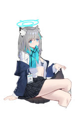 Rule 34 | 1girl, absurdres, animal ear fluff, animal ears, aqua scarf, arm support, blue archive, blue eyes, blue jacket, bow, bow bra, bra, breasts, cat ears, collared shirt, commentary request, cropped legs, crossed legs, grey hair, grey skirt, halo, highres, jacket, kneehighs, long hair, looking at viewer, midriff, mouth hold, navel, open clothes, open jacket, open shirt, plaid, plaid skirt, pleated skirt, scarf, shiroko (blue archive), shirt, simple background, sitting, skirt, skirt hold, small breasts, socks, solo, stomach, thighs, underwear, white background, white bra, white shirt, white socks, xintianou
