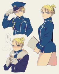 Rule 34 | 1girl, aiguillette, amestris military uniform, blonde hair, blue coat, blue headwear, blue skirt, blush, breasts, breath, chihiroiai, closed mouth, coat, cropped legs, cropped torso, cup, drink, earrings, eyelashes, folded ponytail, frown, fullmetal alchemist, fur-trimmed coat, fur trim, gloves, grey eyes, hand on headwear, hand up, hat, highres, holding, holding cup, jewelry, large breasts, long sleeves, looking at viewer, looking away, looking down, looking to the side, microskirt, mug, multiple views, nose blush, peaked cap, riza hawkeye, shaded face, skirt, skirt set, steam, stud earrings, thought bubble, updo, white gloves