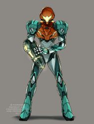 Rule 34 | 1girl, arm cannon, armor, bodysuit, glowing, highres, looking at viewer, metroid, metroid dread, nintendo, power armor, power suit, samus aran, science fiction, sidelocks, simple background, solo, tanaka (is2 p), varia suit, weapon