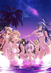 6+girls ahoge akatsuki_kirika armpits ass ball bikini black_hair blonde_hair blue_eyes blue_hair breasts brown_hair butterfly_hair_ornament cleavage closed_eyes cloud collarbone commentary_request fujikawa_daichi green_eyes grin hair_ornament highres kazanari_tsubasa large_breasts long_hair looking_at_viewer looking_back maria_cadenzavna_eve medium_breasts medium_hair milestone_celebration multiple_girls navel open_mouth outdoors palm_tree partially_submerged pink_hair pointing pointing_at_viewer pool purple_eyes senki_zesshou_symphogear shooting_star sky small_breasts smile star_(sky) starry_sky swimsuit tachibana_hibiki_(symphogear) teeth tree tsukuyomi_shirabe twilight twintails upper_teeth_only v very_long_hair white_hair x_hair_ornament yukine_chris