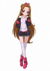 Rule 34 | 1girl, arm behind back, bad id, bad pixiv id, belt, belt buckle, black bow, black jacket, black shorts, boots, bow, brown hair, buckle, closed mouth, collarbone, dokidoki! precure, full body, grey shirt, grey thighhighs, hair bow, highres, jacket, long hair, long sleeves, looking at viewer, madoka aguri, open clothes, open jacket, precure, red belt, red bow, red eyes, red footwear, shirt, short shorts, shorts, simple background, smile, solo, standing, thigh gap, thighhighs, towairaito-chan!, very long hair, white background