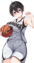Rule 34 | 1girl, al bhed eyes, arm up, armpits, ball, basketball (object), basketball uniform, black hair, blush, breasts, clothes writing, commentary request, cowboy shot, female focus, highres, holding, holding ball, large breasts, original, purple eyes, shirt, short hair, shorts, simple background, sleeveless, sleeveless shirt, smile, solo, sportswear, tapioka (oekakitapioka), uniform, white background, white shorts
