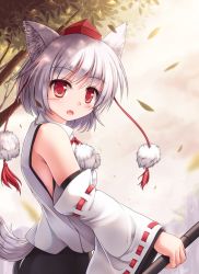 Rule 34 | 1girl, animal ears, bare shoulders, blush, detached sleeves, hat, inubashiri momiji, leaf, looking at viewer, lzh, open mouth, pom pom (clothes), red eyes, ribbon-trimmed sleeves, ribbon trim, short hair, silver hair, solo, tail, tokin hat, touhou, wide sleeves, wolf ears, wolf tail