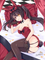 Rule 34 | 1girl, animal ears, ass, black gloves, black hair, black ribbon, black thighhighs, breasts, choker, cleavage, date a live, gloves, heterochromia, large breasts, leotard, long hair, looking at viewer, lying, on bed, on side, pillow, playboy bunny, rabbit ears, rabbit tail, red eyes, red leotard, ribbon, ribbon choker, signature, solo, spleeny, tail, thighhighs, thighs, tokisaki kurumi, twintails, yellow eyes