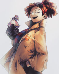 Rule 34 | 1boy, 1other, :d, absurdres, bandana, bird, bird on hand, blue necktie, boku no hero academia, boku no hero academia: world heroes&#039; mission, brown hair, clover print, coat, eyewear on head, gloves, grey eyes, hand in pocket, highres, looking at viewer, male focus, mask, multicolored necktie, multicolored neckwear, nakawo 777, necktie, open mouth, pino (boku no hero academia), red necktie, rody soul, shirt, simple background, smile, solo, sparkle, spiked hair, standing, sunglasses, teeth, white background, white shirt