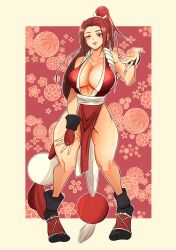 Rule 34 | 1girl, absurdres, beckoning, breasts, brown eyes, brown hair, cleavage, fatal fury, female focus, full body, highres, large breasts, long hair, looking at viewer, matching hair/eyes, ninja, parted lips, pelvic curtain, ponytail, revealing clothes, shiranui mai, solo, standing