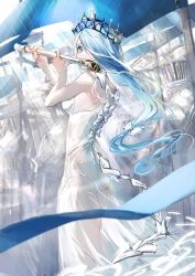 Rule 34 | 1girl, bare arms, blue eyes, blue hair, blue ribbon, bow, commentary request, dress, flute, gawako, hair over one eye, hands up, highres, holding, holding instrument, instrument, long hair, one eye covered, original, playing flute, ribbon, solo, strapless, strapless dress, tiara, transverse flute, white bow, white dress