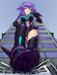 Rule 34 | 1girl, alloyrabbit, blue eyes, blush, boots, braid, breasts, cameltoe, cleavage, covered navel, from below, giant, giantess, highres, leotard, long hair, looking at viewer, medium breasts, neptune (series), nude, open mouth, power symbol, power symbol-shaped pupils, purple hair, purple heart (neptunia), skin tight, solo, symbol-shaped pupils, thigh boots, thighhighs, twin braids, very long hair