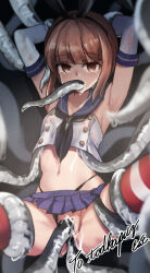 Rule 34 | 1girl, all the way through, anal, arms up, black panties, blue skirt, bound, breasts, brown eyes, brown hair, clothing aside, commission, cosplay, crying, eckert&amp;eich, elbow gloves, empty eyes, gloves, hairband, highleg, highleg panties, highres, kantai collection, looking at viewer, microskirt, miniskirt, panties, panties aside, pleated skirt, restrained, sailor collar, shimakaze (kancolle), shimakaze (kancolle) (cosplay), short hair, skeb commission, skirt, small breasts, solo, spread legs, striped clothes, striped thighhighs, tears, tentacle pit, tentacle sex, tentacles, tentacles under clothes, thighhighs, underwear, vaginal, white gloves, z3 max schultz (kancolle)