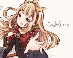 Rule 34 | 10s, 1girl, :d, artist name, bad id, bad pixiv id, blonde hair, blush, bow, cagliostro (granblue fantasy), cape, character name, granblue fantasy, hairband, hand on own chest, long hair, looking at viewer, open mouth, outstretched arm, purple eyes, smile, solo, spikes, upper body, yukian