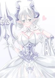 Rule 34 | 1girl, absurdres, dress, garter straps, gloves, grey eyes, grey hair, heart, highres, horns, lance, looking at viewer, lovely labrynth of the silver castle, pointy ears, polearm, simple background, sleeveless, smile, solo, standing, thicca, weapon, white background, white dress, yu-gi-oh!