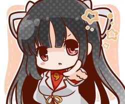 Rule 34 | 10s, 1girl, black hair, bloom2425, blush stickers, chestnut mouth, chibi, hair ribbon, hand on own hip, hiyou (kancolle), kantai collection, long hair, magatama, pink eyes, pointing, pointing at viewer, ribbon, solo