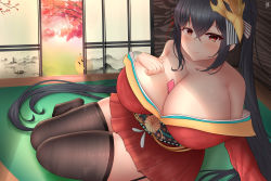 Rule 34 | 1girl, absurdly long hair, absurdres, azur lane, between breasts, black hair, breasts, brown thighhighs, cleavage, condom, condom between breast, condom wrapper, crossed bangs, day, full body, hair between eyes, hand on own chest, highres, huge breasts, indoors, japanese clothes, kimono, laochen, long hair, looking at viewer, manjuu (azur lane), mask, mask on head, off shoulder, paper wall, peeking out, red eyes, red kimono, sliding doors, solo, taihou (azur lane), thighhighs, thighs, very long hair