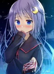 Rule 34 | 10s, 1girl, bad id, bad pixiv id, blouse, blue eyes, blush, covering own mouth, crescent, crescent hair ornament, eyebrows, gift, hair ornament, highres, holding, holding gift, incoming gift, kantai collection, long hair, long sleeves, looking at viewer, moon (ornament), night, night sky, pink ribbon, plaid, ribbon, school uniform, serafuku, shirt, short hair with long locks, signature, sky, solo, star (sky), starry sky, twitter username, upper body, yayoi (kancolle), yuu zaki