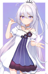 Rule 34 | + +, 1girl, animal, bare shoulders, basa rutan, black footwear, blue eyes, blush, bug, butterfly, closed mouth, collarbone, commentary request, cowboy shot, dress, gradient background, grey hair, hair between eyes, hand up, highres, holding, honkai (series), honkai impact 3rd, insect, kiana kaslana, long hair, looking at viewer, pink background, ponytail, puffy short sleeves, puffy sleeves, purple background, purple dress, short sleeves, signature, smile, solo, standing, very long hair, white dress