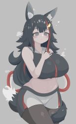 Rule 34 | 1girl, :&lt;, @ @, absurdres, alternate costume, animal ear fluff, animal ears, bare shoulders, black hair, black pantyhose, black shorts, black tank top, blush, breasts, commentary, crop top, curvy, double-parted bangs, english commentary, flipped hair, gabai, grey background, grey eyes, grey hair, hair ornament, hairclip, hand on own chest, heart, highres, hololive, huge breasts, kouhaku nawa, long hair, midriff, mixed-language commentary, multicolored clothes, multicolored hair, multicolored shorts, navel, necktie, ookami mio, pantyhose, red hair, red necktie, red shorts, rope, sailor collar, shimenawa, shorts, sidelocks, solo, steam, steaming body, stomach, streaked hair, tail, tail around own leg, tail wrap, tank top, variant set, virtual youtuber, white shorts, wide hips, wolf ears, wolf girl, wolf tail