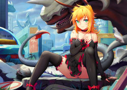 Rule 34 | 1girl, absurdres, bare shoulders, blonde hair, bridal gauntlets, chemise, choker, city, collarbone, dragon, dragon horns, dragon tail, elbow gloves, frills, gloves, green eyes, highres, horns, looking at viewer, nail polish, original, ruins, sitting, smile, solo, sonikey0 0, spaghetti strap, tail, thighhighs
